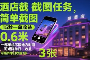酒店截图任务，简单截图，15秒一单收益0.6米，一部手机不限地方时间，可矩阵单日收益3张【揭秘】